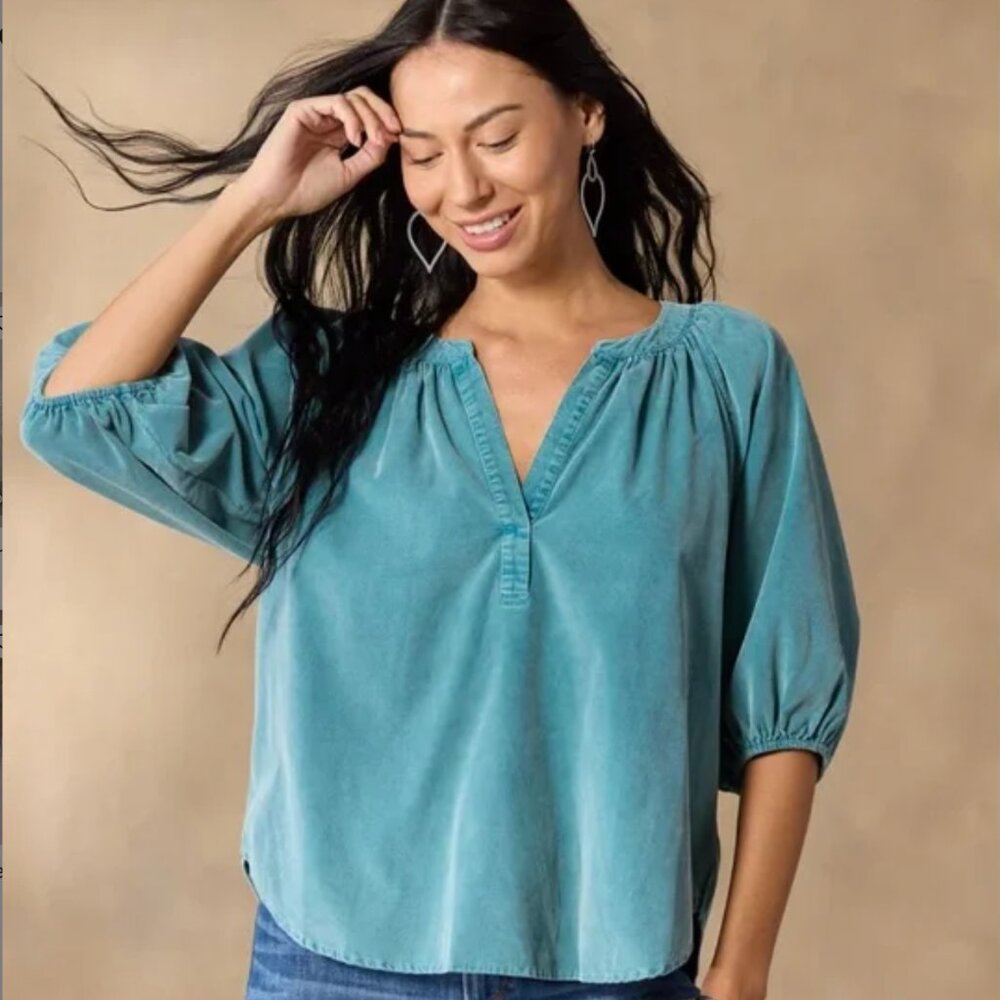 Sundance Dylan fine wale cord shirt top teal blue peasant style NEW L large